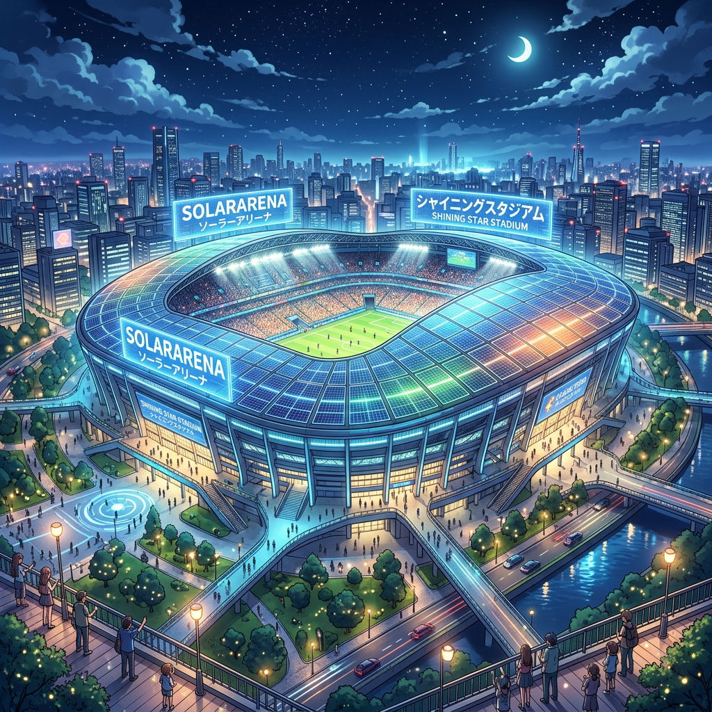 A large modern stadium with solar panel roofing lit up at night during a soccer match