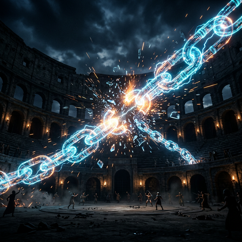 Electric blue chain breaking apart with sparks inside an ancient Roman colosseum