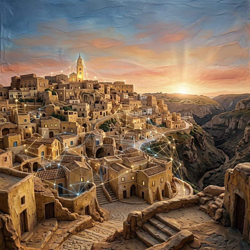 Ancient village with network connection lines over houses at sunset