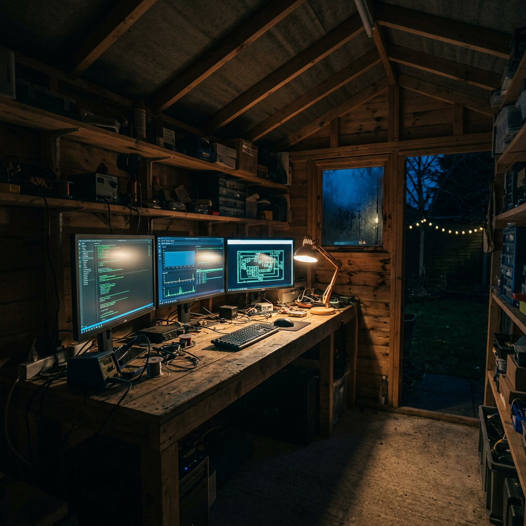 Wooden workshop interior with three computer monitors showing coding and circuit diagrams, workbench with electronics tools and lamp