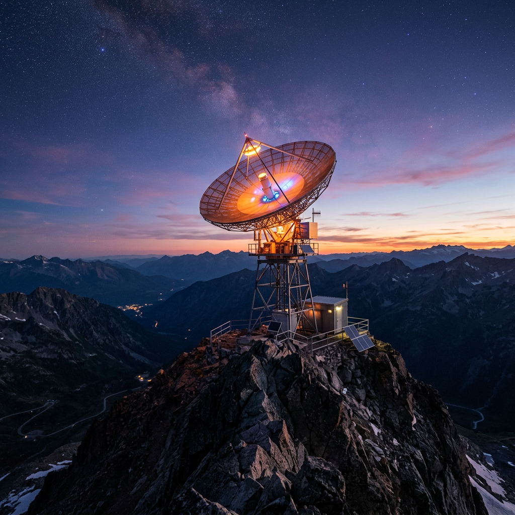 Radio telescope on rocky mountain peak with starry sky and sunset