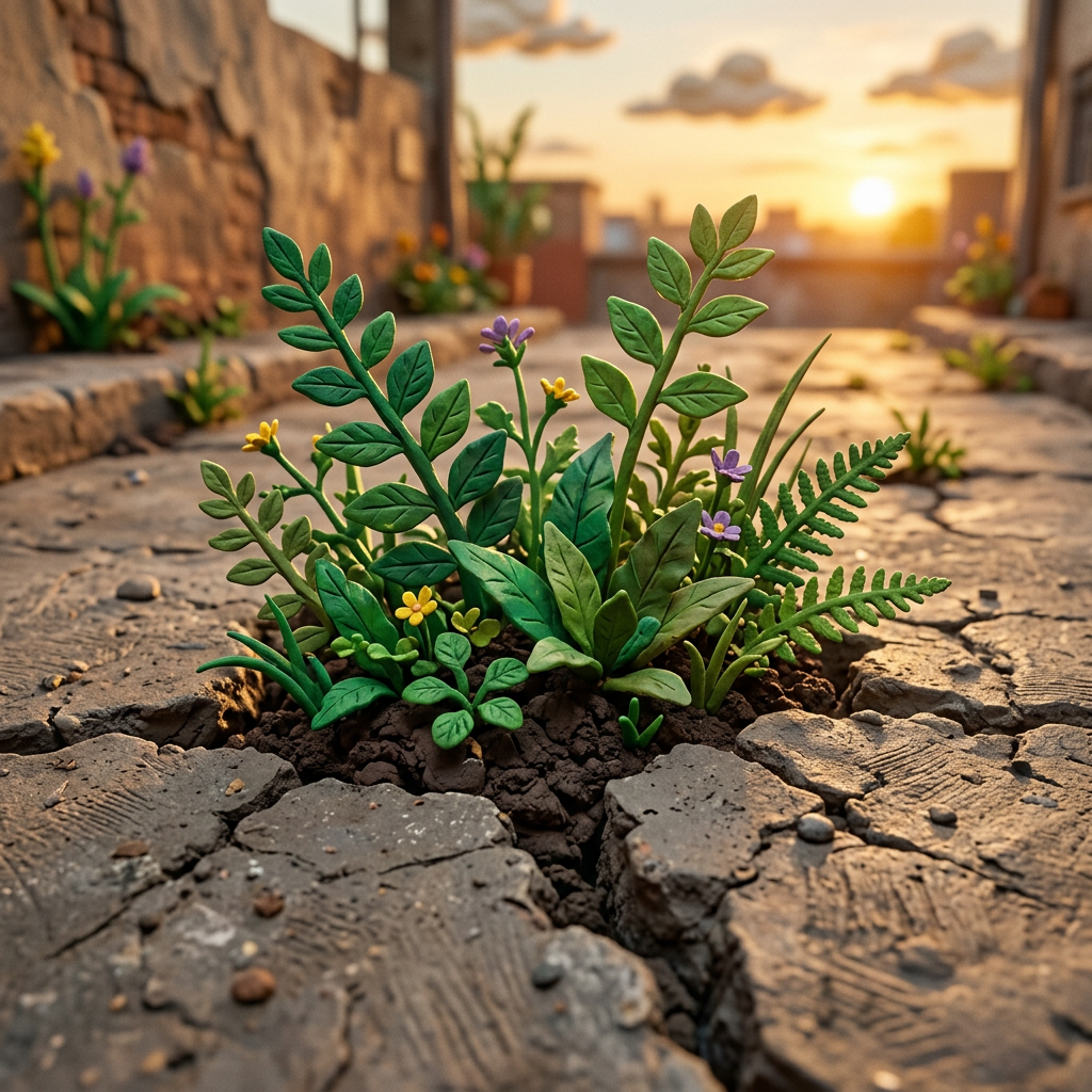 Green plants with small yellow and purple flowers growing through cracked pavement at sunset.