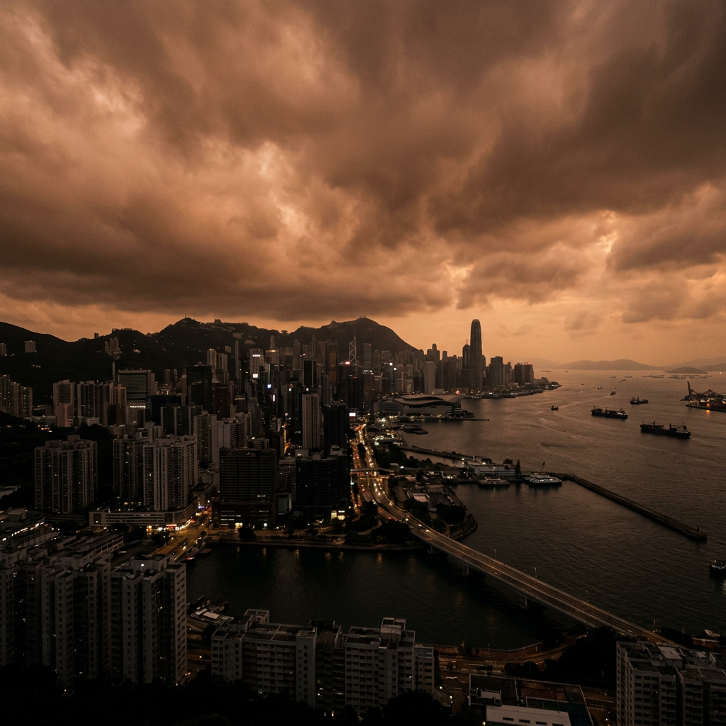 City skyline with tall buildings, stormy clouds, and a river with ships at sunset
