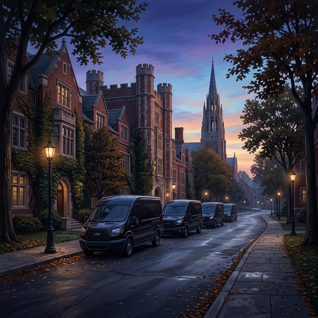 Row of black vans parked on a wet street beside Gothic-style buildings and a church spire at dusk