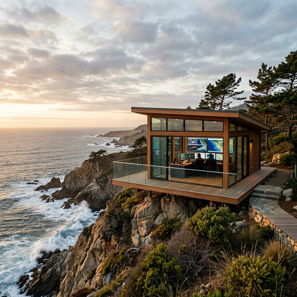 Modern office with large windows on cliff above ocean with two people at computer screens