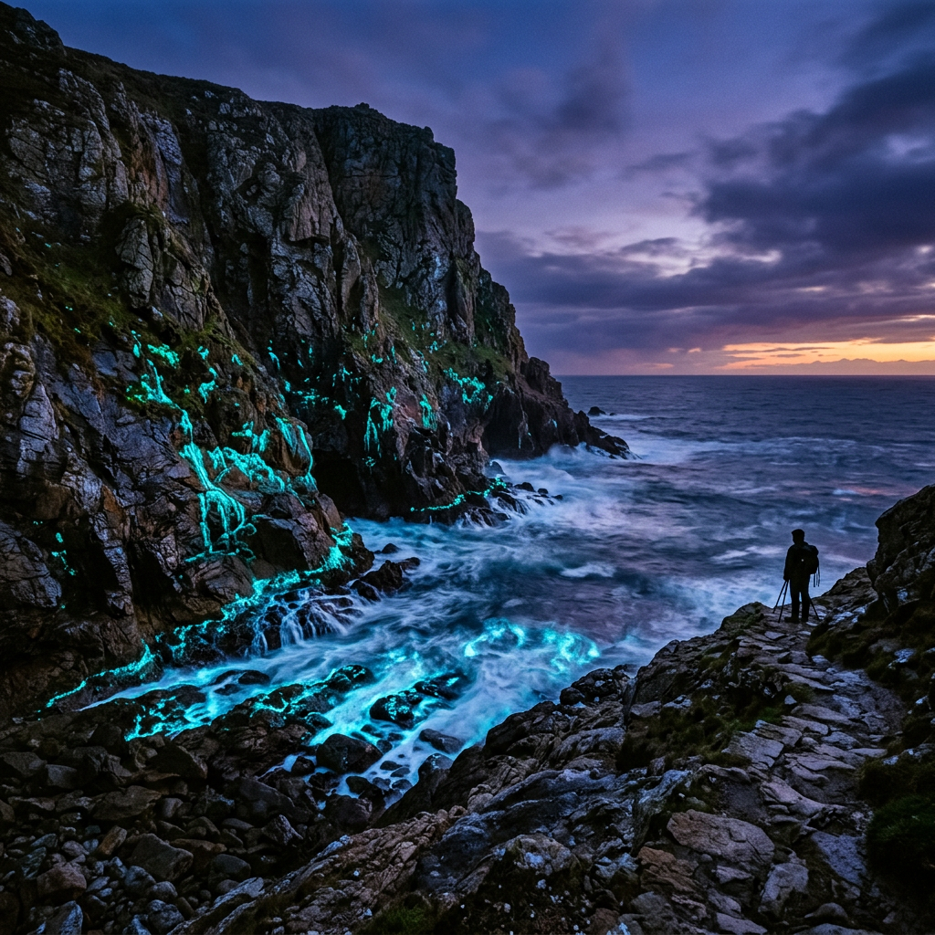 Bioluminescent blue-green light glowing on rocky shoreline and waves at twilight with photographer silhouette