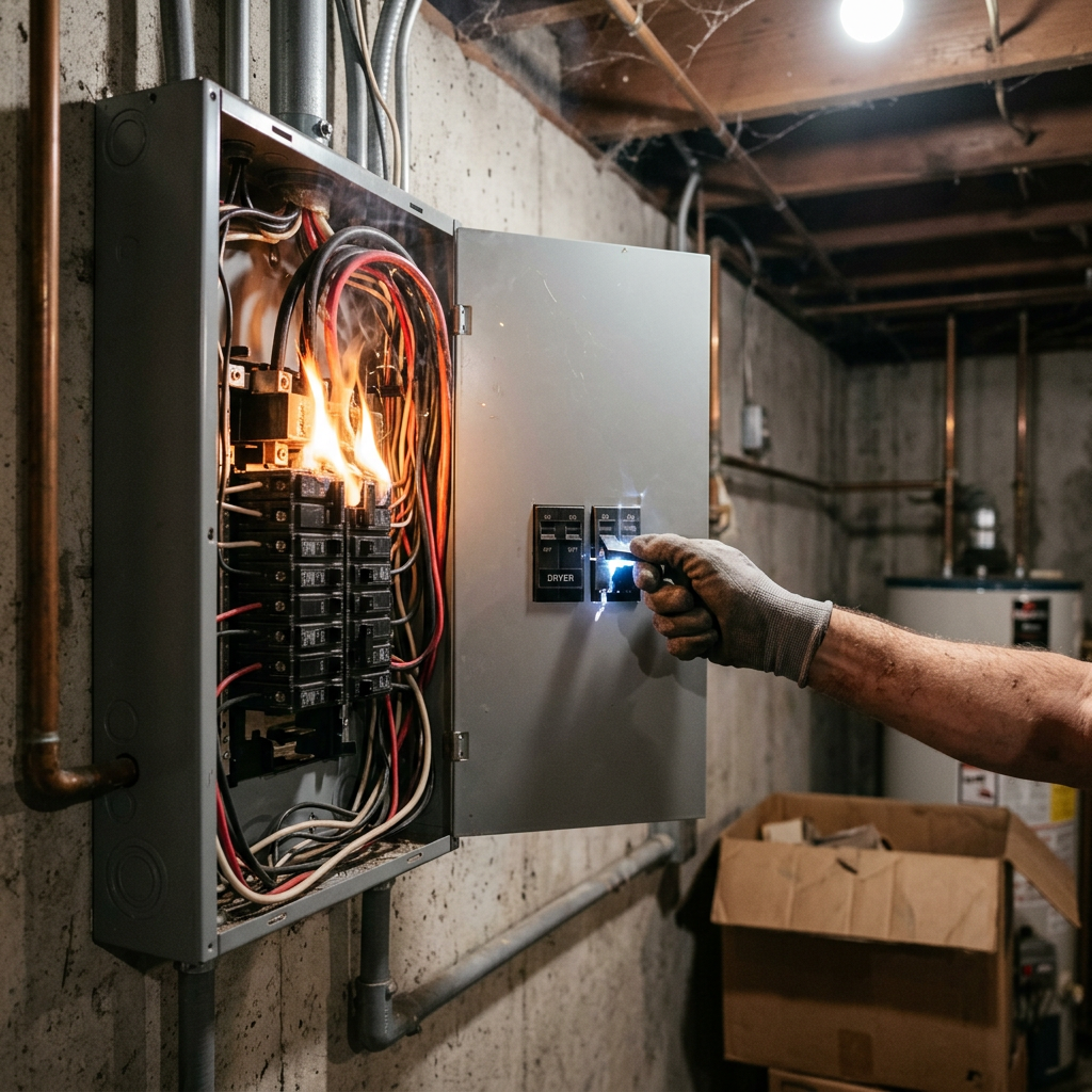 Electrical panel with wires catching fire and hand switching breaker