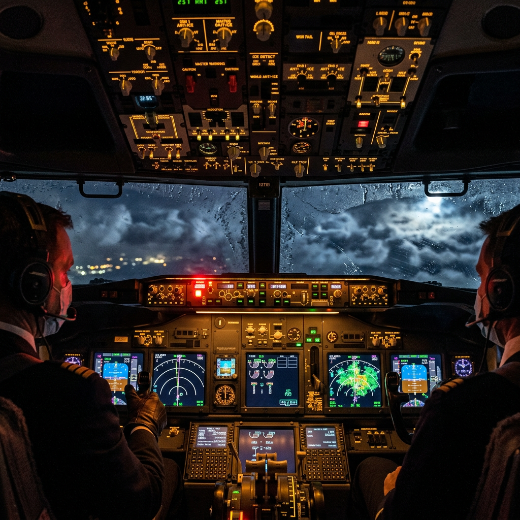 Cockpit view of two pilots flying an airplane at night with illuminated control panels and cloudy sky outside