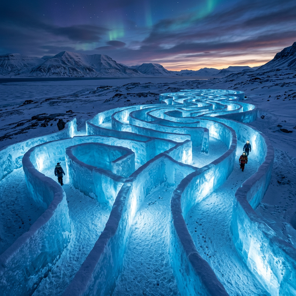 People walking inside an illuminated ice maze surrounded by snow and mountains