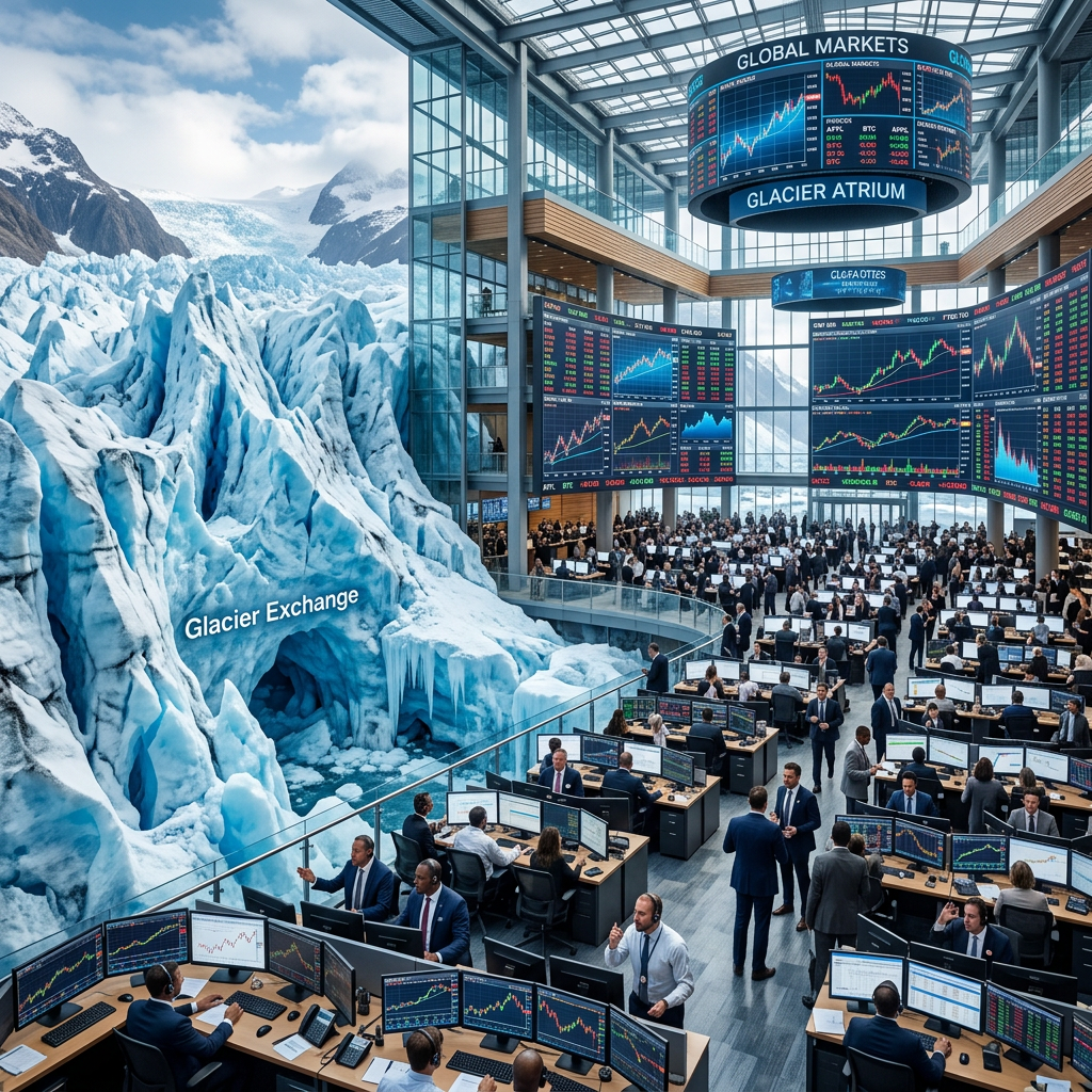 Busy stock exchange trading floor adjacent to a large glacier with Glacier Exchange sign