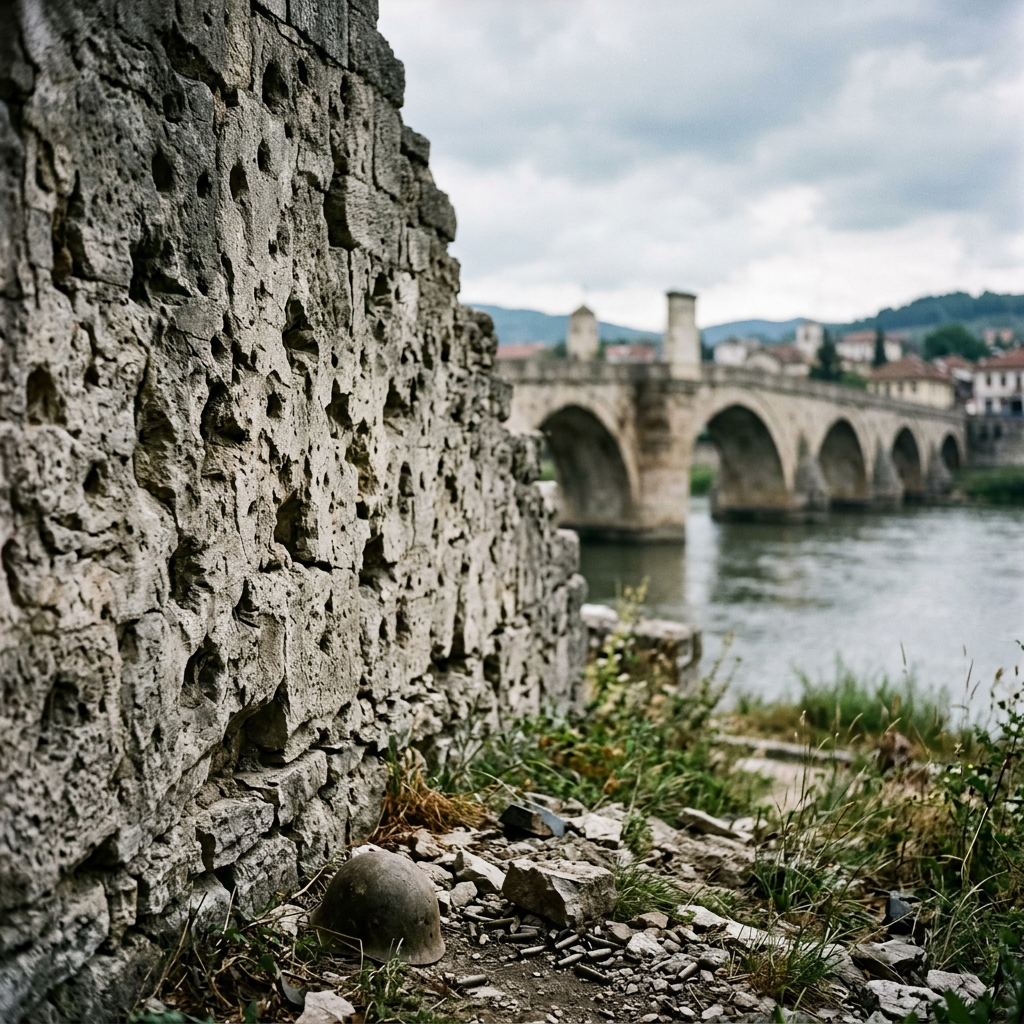 Pockmarked stone wall with a military helmet on the ground, old stone bridge over river background