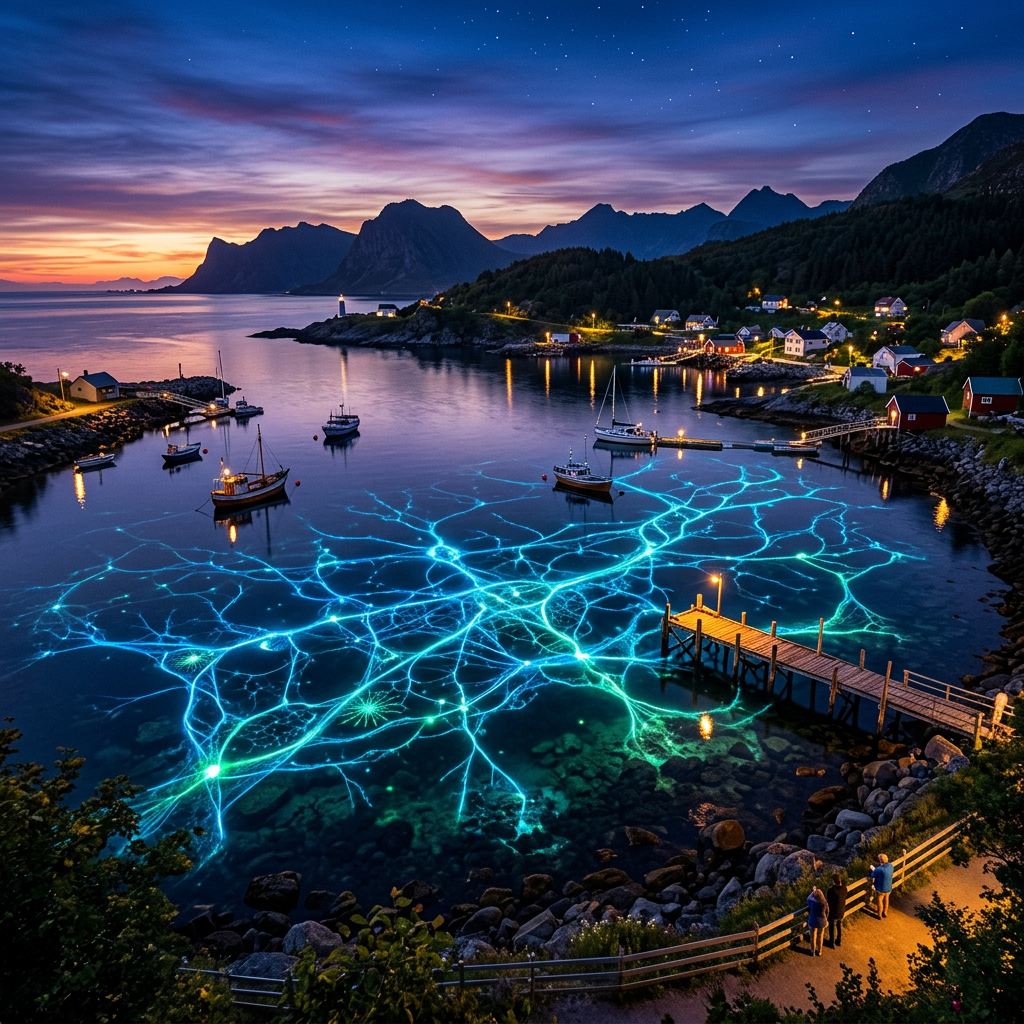 Harbor with boats and glowing bioluminescent water patterns under dusk sky
