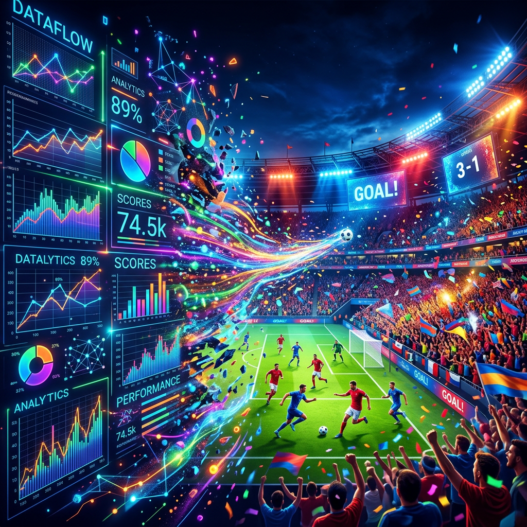 Soccer game with digital data analytics graphics, scores, and excited crowd.