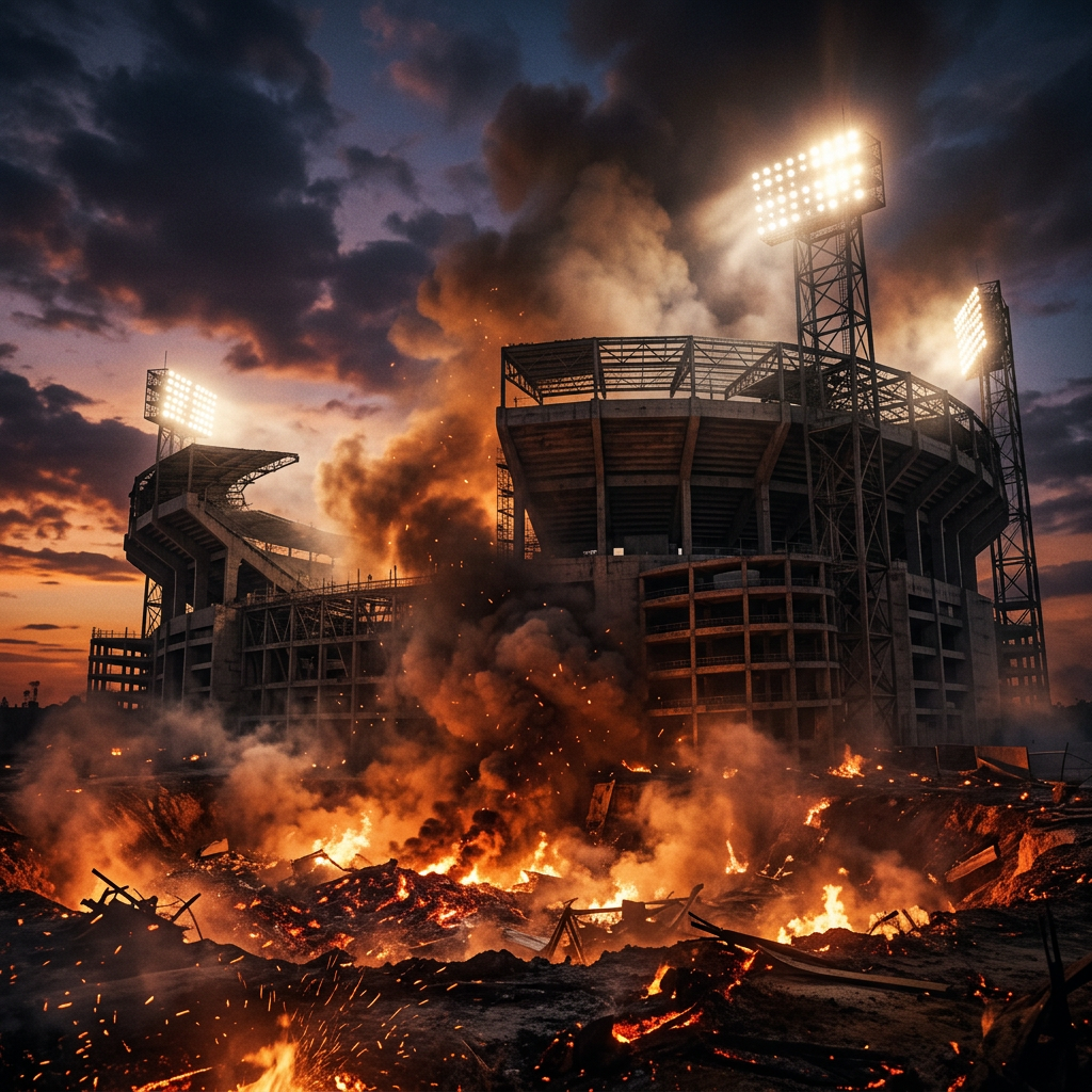 A sports stadium with large floodlights illuminated, engulfed in flames and thick smoke at dusk