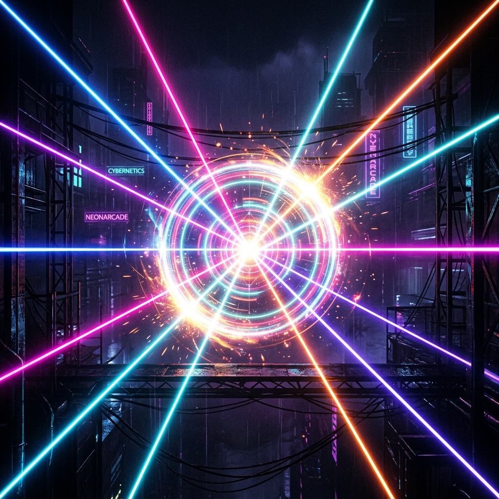 Glowing circular energy portal emitting multicolored neon beams in a cyberpunk alley