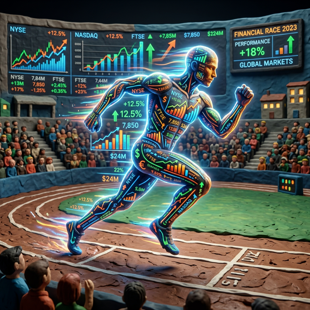 Human figure running on track with stock market charts and data projected on body and background