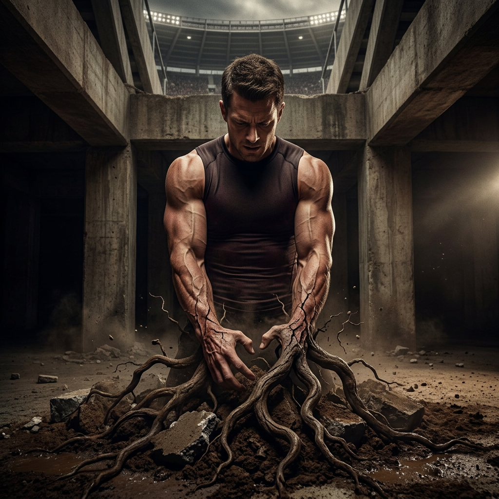 Muscular man with tree roots extending from his arms into the soil