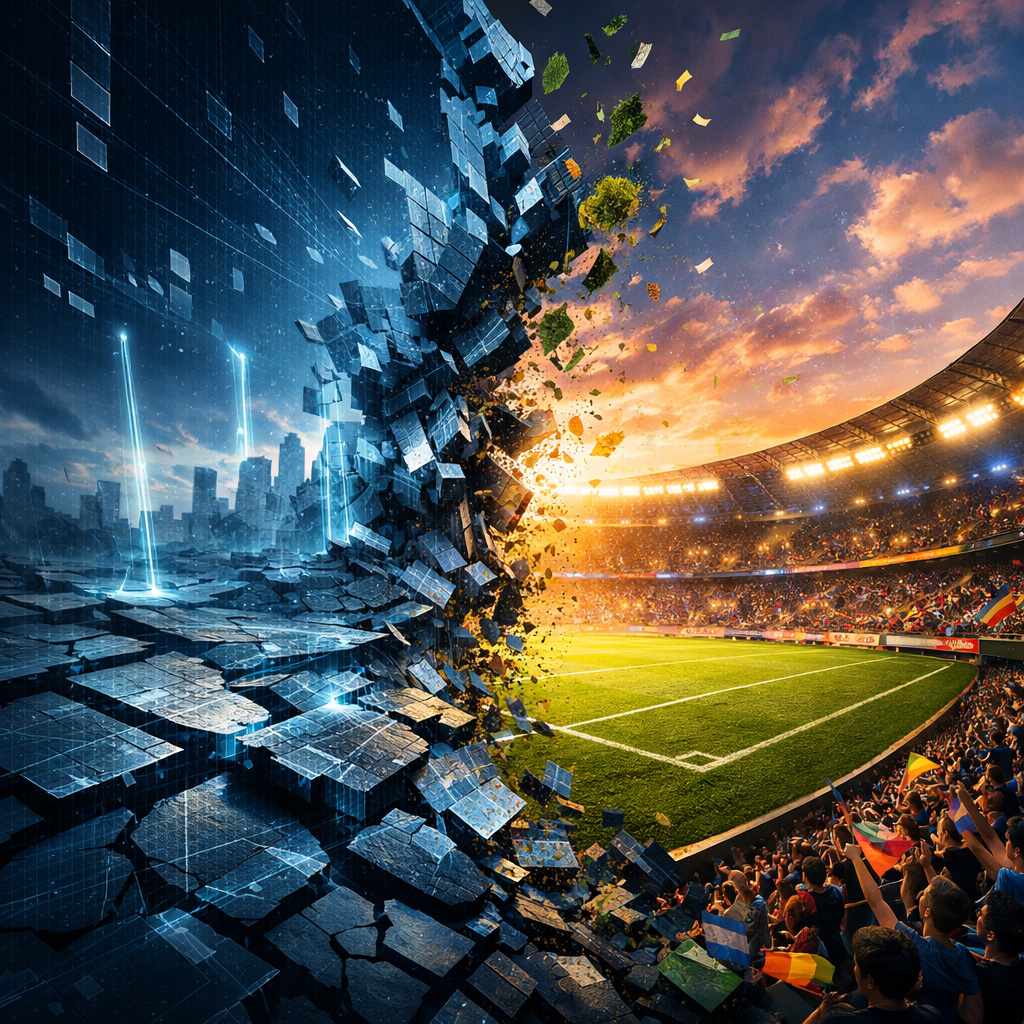 Digital grid breaking apart transforming into a vibrant soccer stadium with spectators
