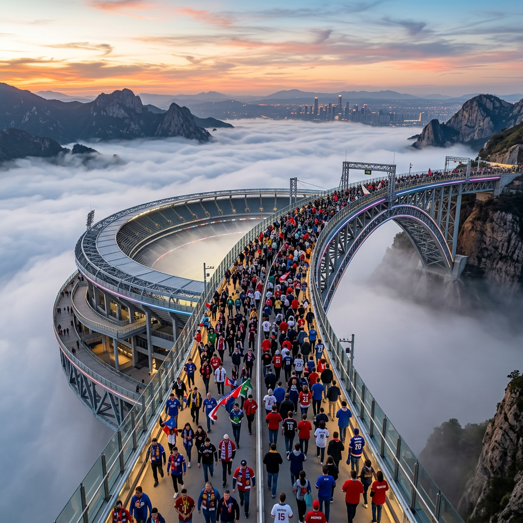 Crowd of people walking on a curved bridge toward a stadium above clouds and mountains at sunset