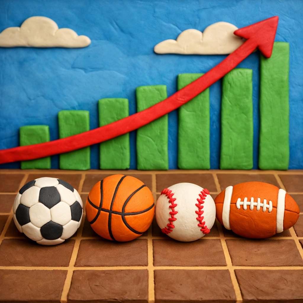 Soccer ball, basketball, baseball, and football in front of upward green bars and a red arrow