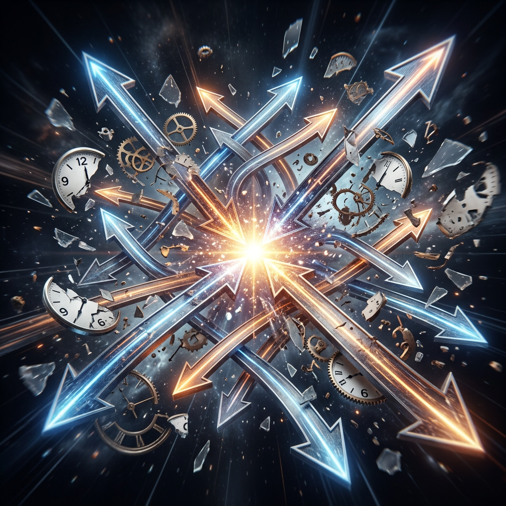 Bright center with outward radiating blue and orange arrows, shattered clock pieces and gears scattered