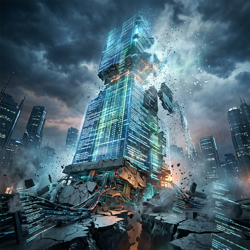 Futuristic skyscraper made of digital code and circuits breaking apart with falling debris