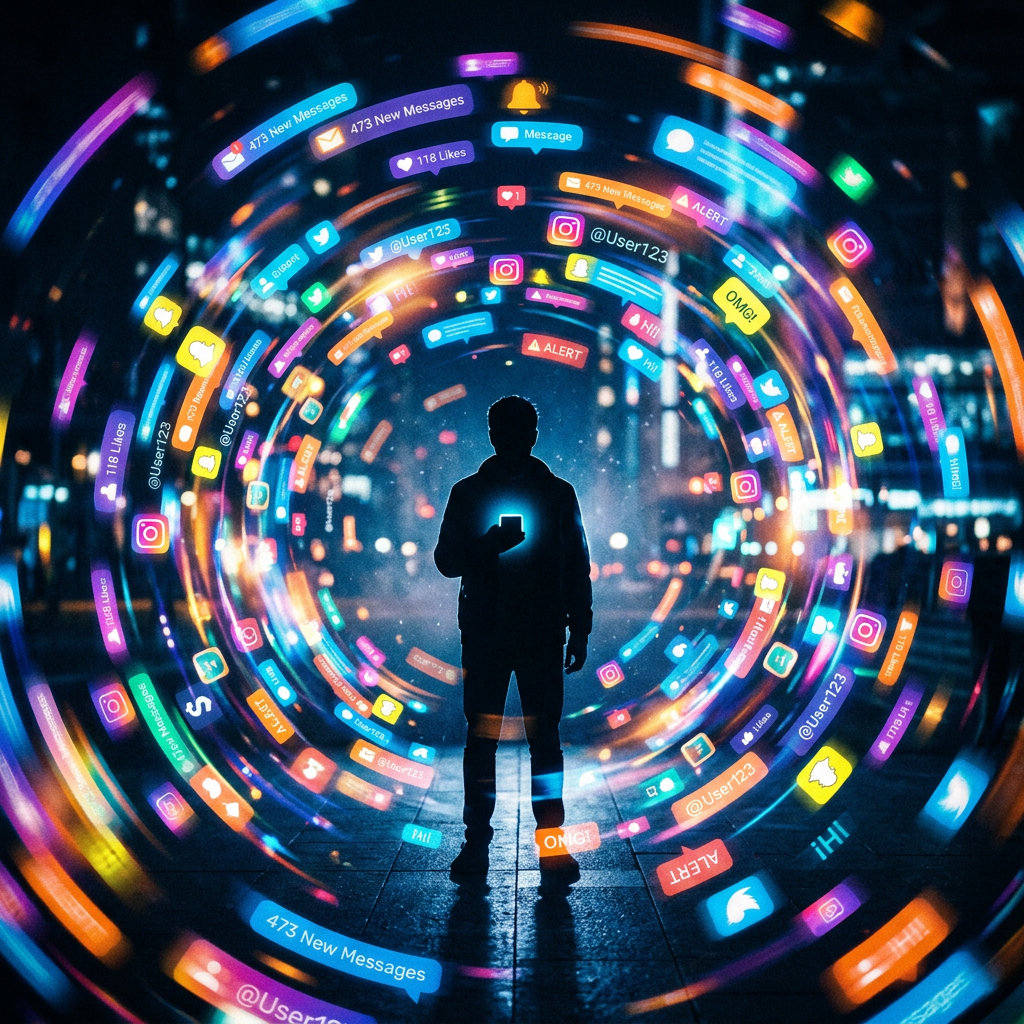 Silhouette of person holding phone amid swirling social media notifications and icons