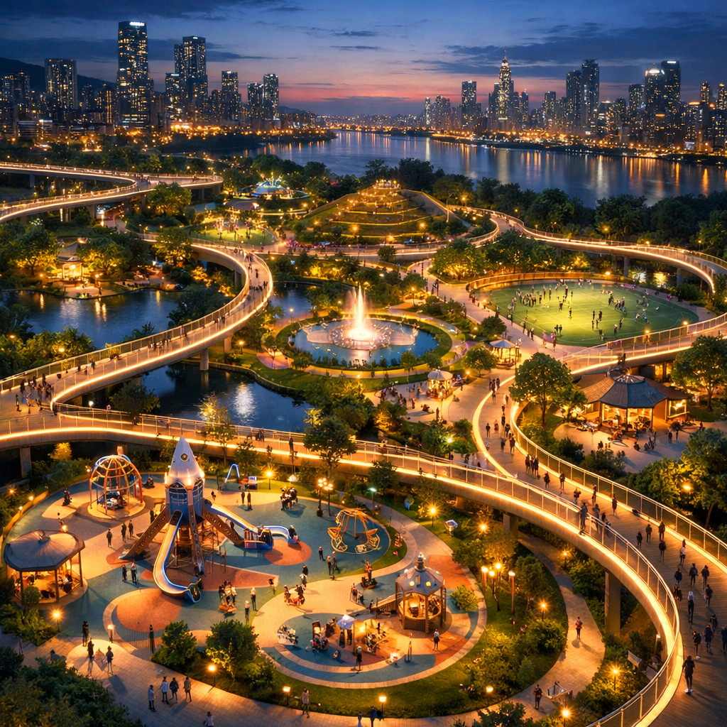 Urban park with illuminated pathways, playground, sports field, and water fountain at dusk with city skyline in background