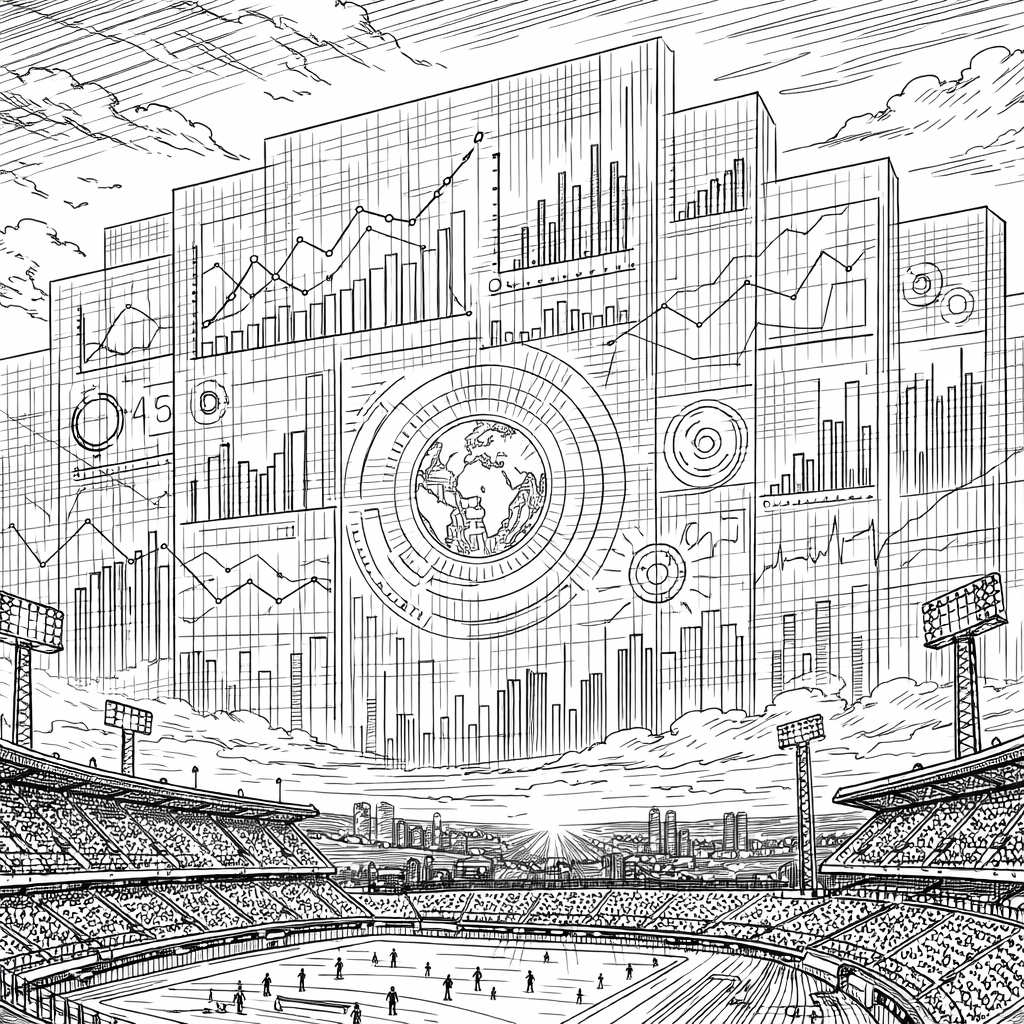 A large sports stadium with many spectators and a massive digital screen displaying various charts and graphs including a globe