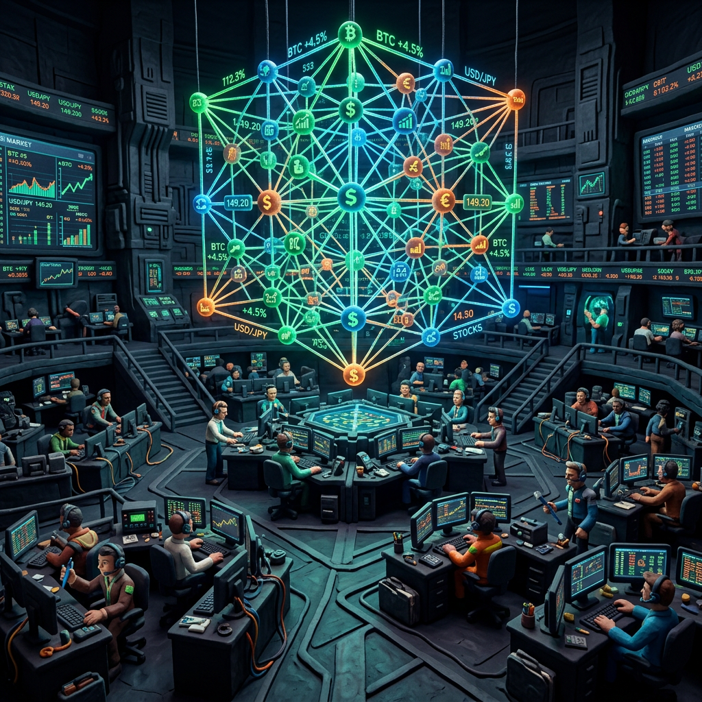 Trading floor with multiple monitors and a 3D digital network of financial symbols above