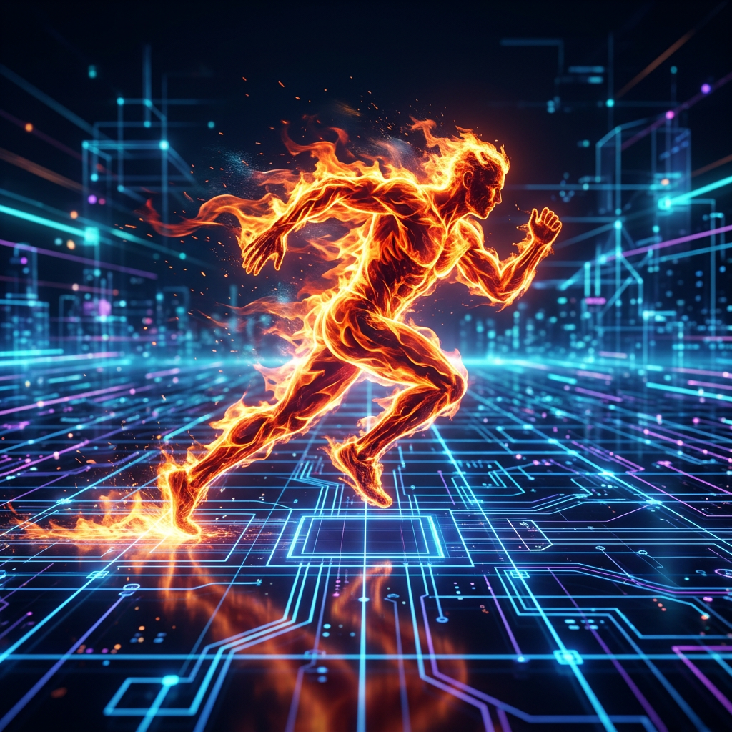 Flaming humanoid figure running on a futuristic circuit board with glowing blue and purple lines