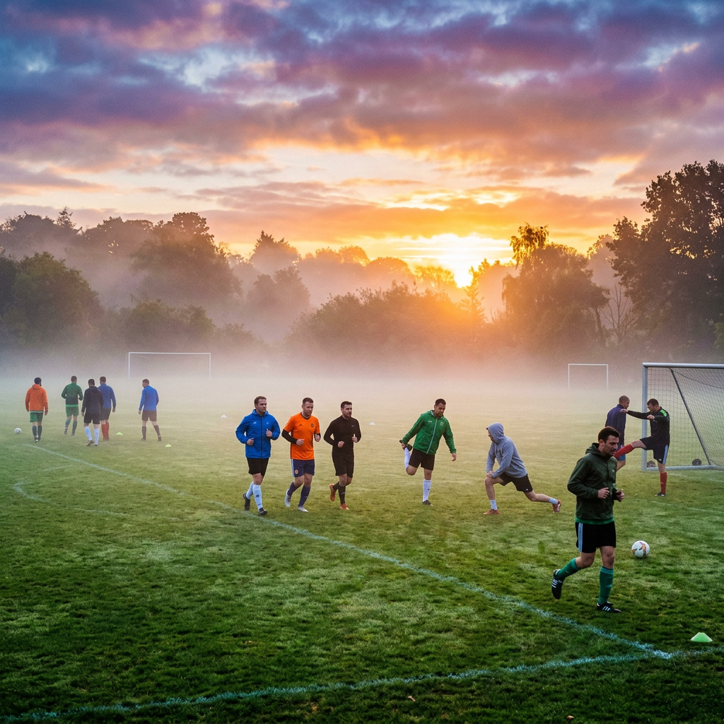 Soccer players warming up on a misty field during sunrise