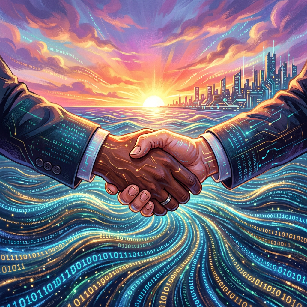 Two hands shaking over digital binary code with a sunset and city skyline in the background