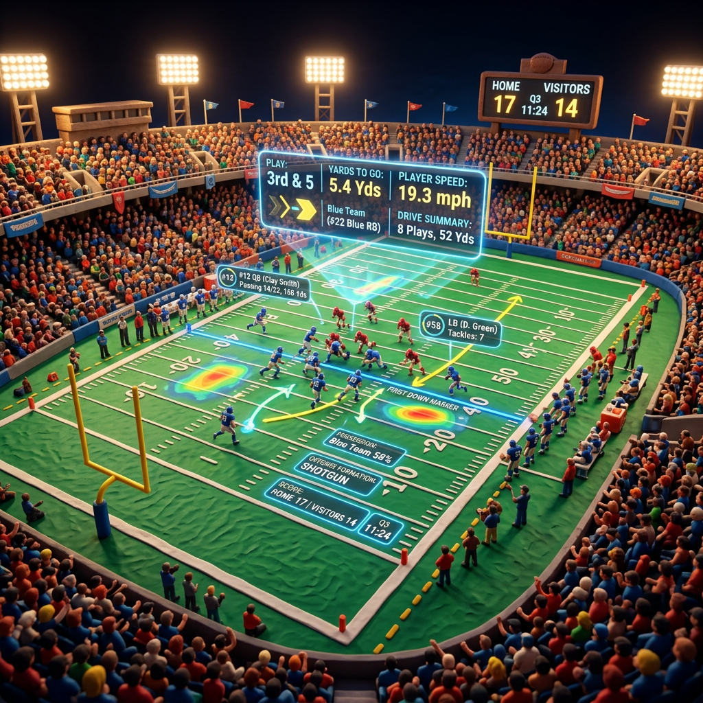 Football field with players and augmented reality stats overlays including player speed, yards to go, and play summary