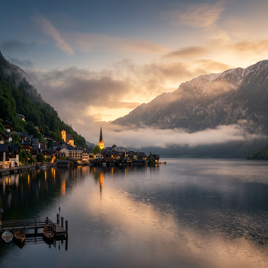 Alpine village with church steeple by calm lake at sunset with mountains and mist