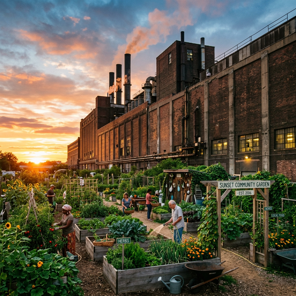 People working in raised garden beds at Sunset Community Garden near a large brick factory with smokestacks during sunset