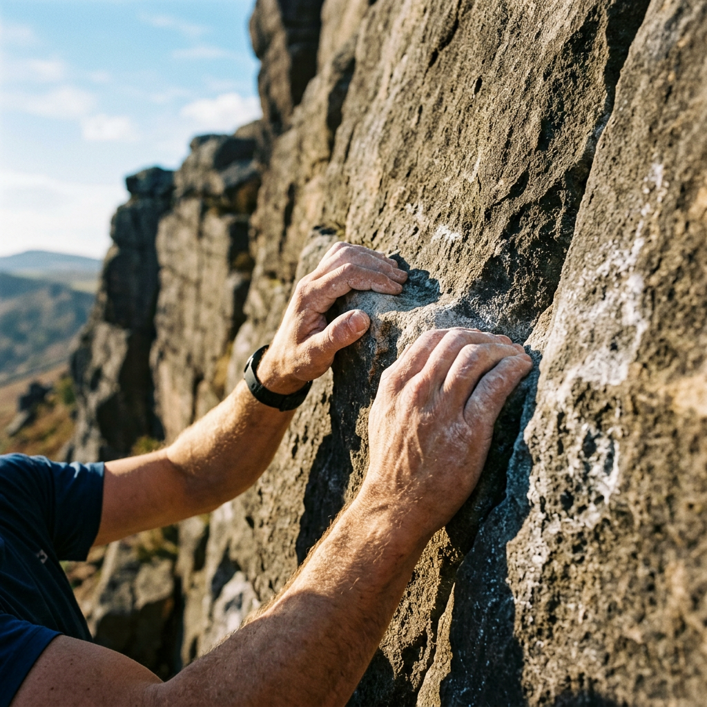Close-up of hands gripping rock surface while climbing outdoors