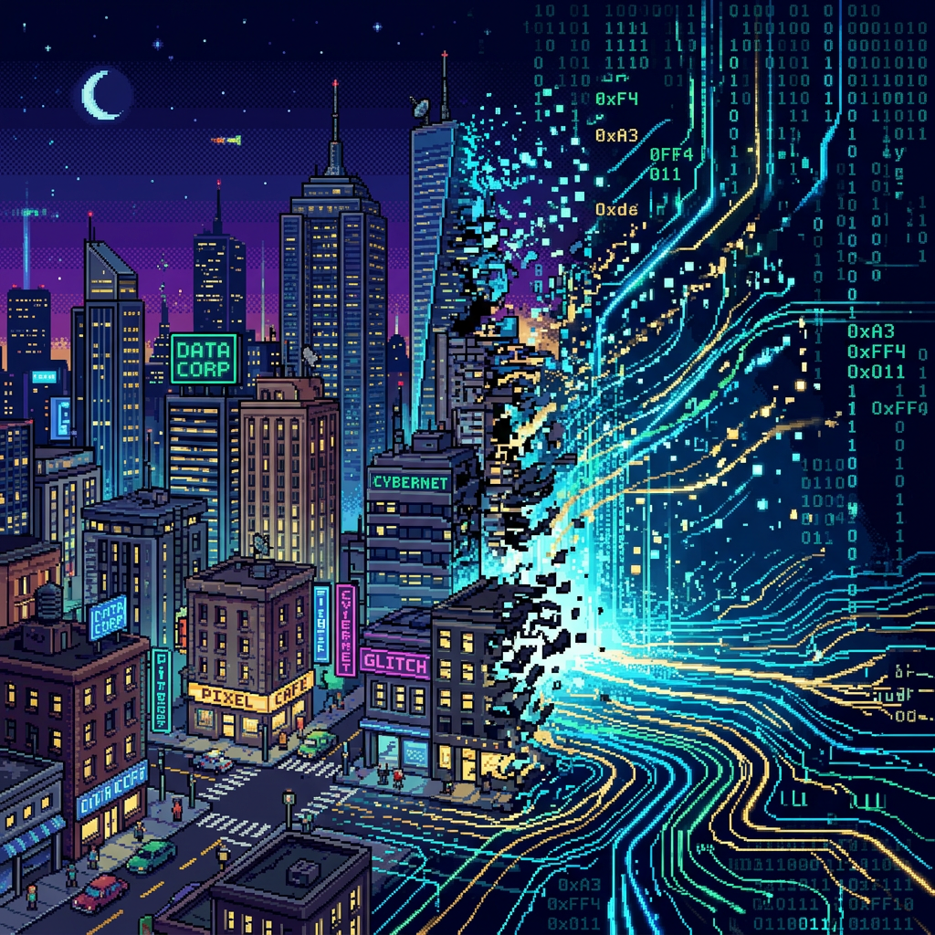Pixel art cityscape dissolving into digital circuits and binary code
