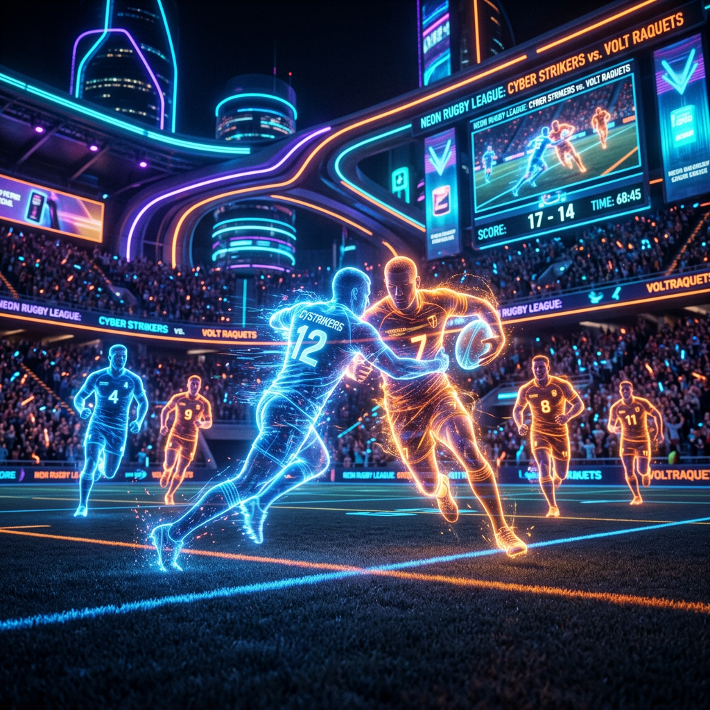 Neon rugby players contesting a rugby league match with scoreboard showing Cyber Strikers 17, Volt Raquets 14