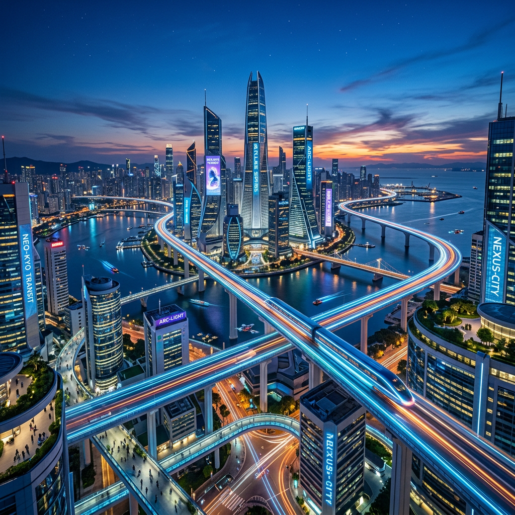 Futuristic city with glowing skyscrapers and neon-lit elevated trains curving over water