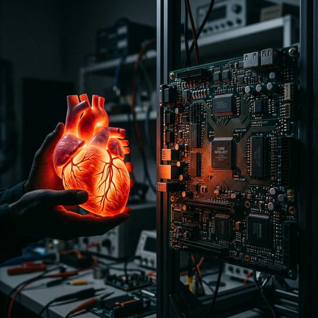 Glowing anatomical heart model held next to electronic circuit board