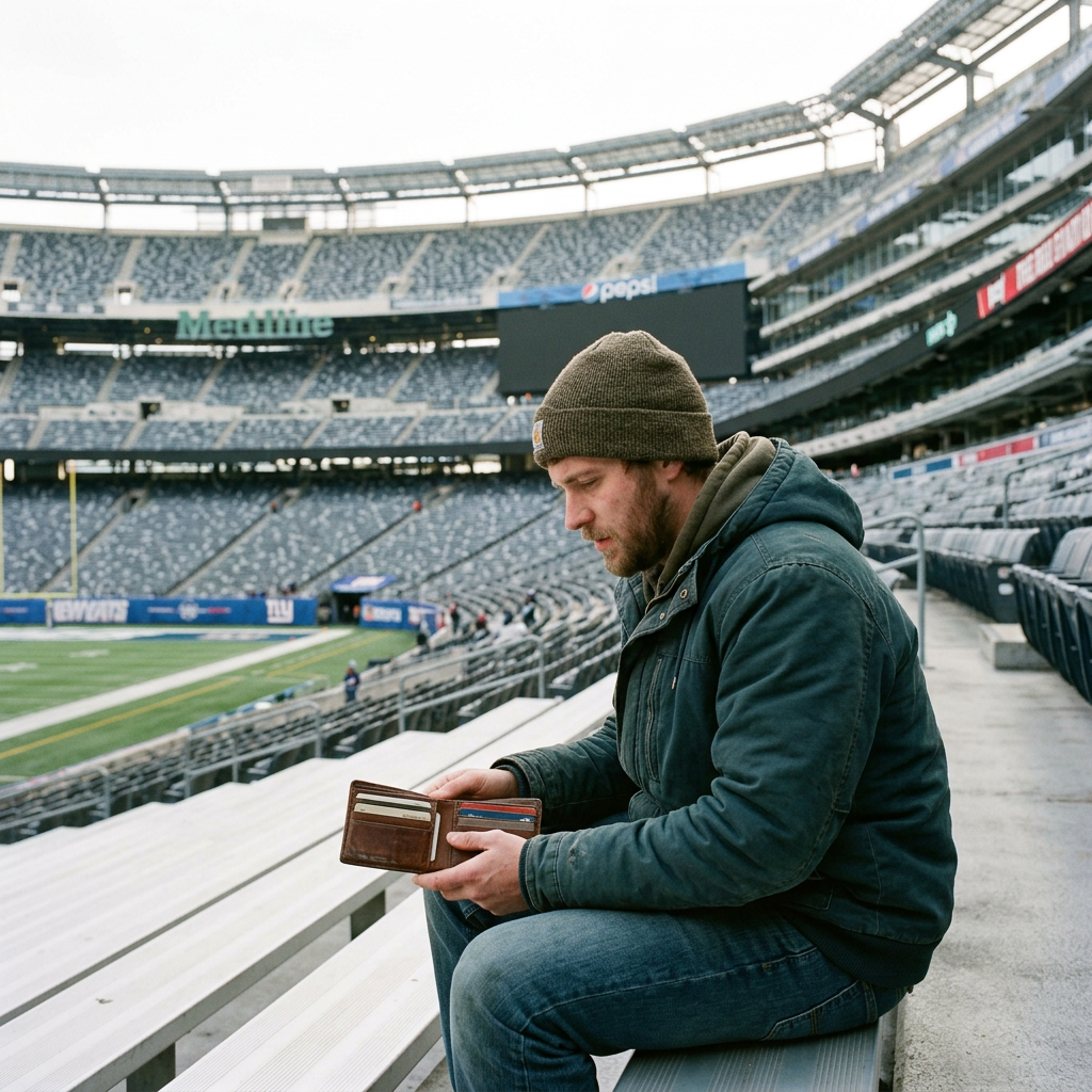 Man in warm clothing sitting in empty stadium stands looking at a wallet