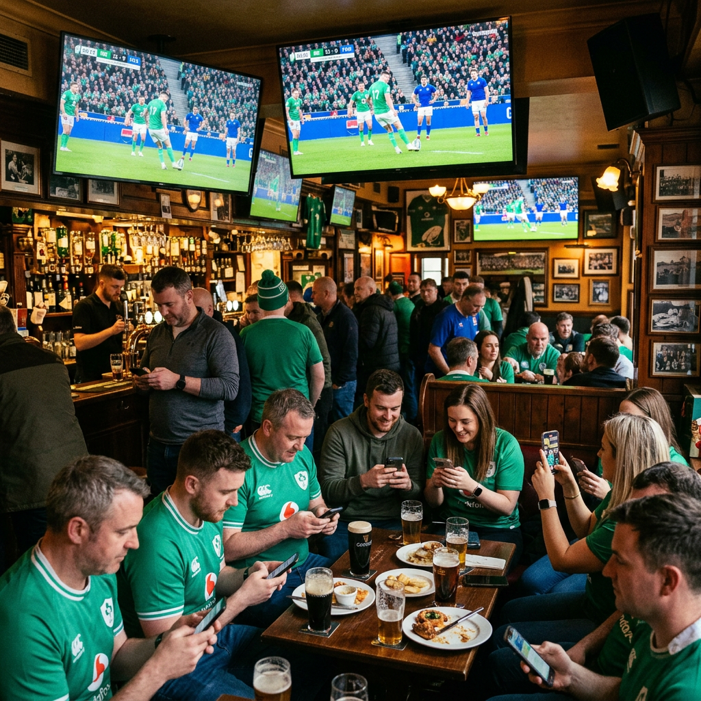 Group of people in green jerseys in a pub watching rugby on TV screens