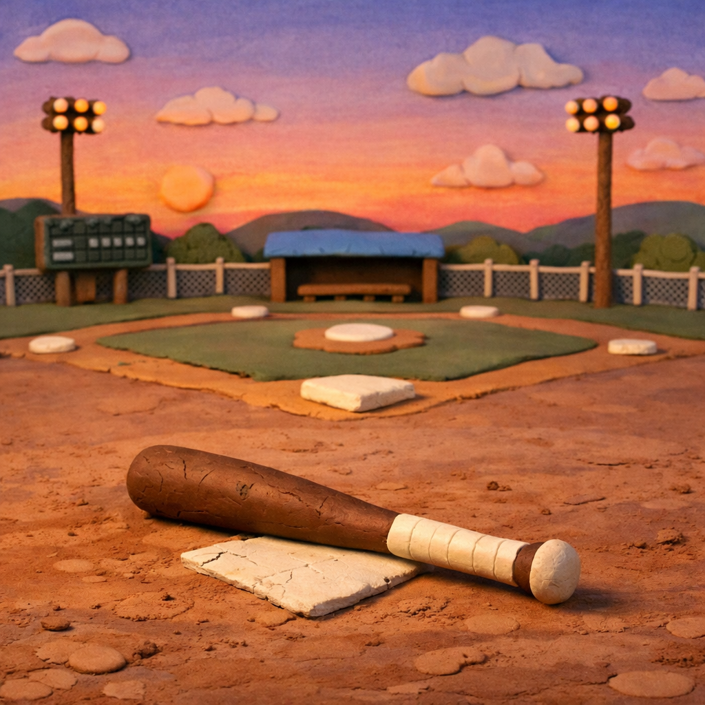 Baseball bat resting on home plate on a dirt field with a sunset sky