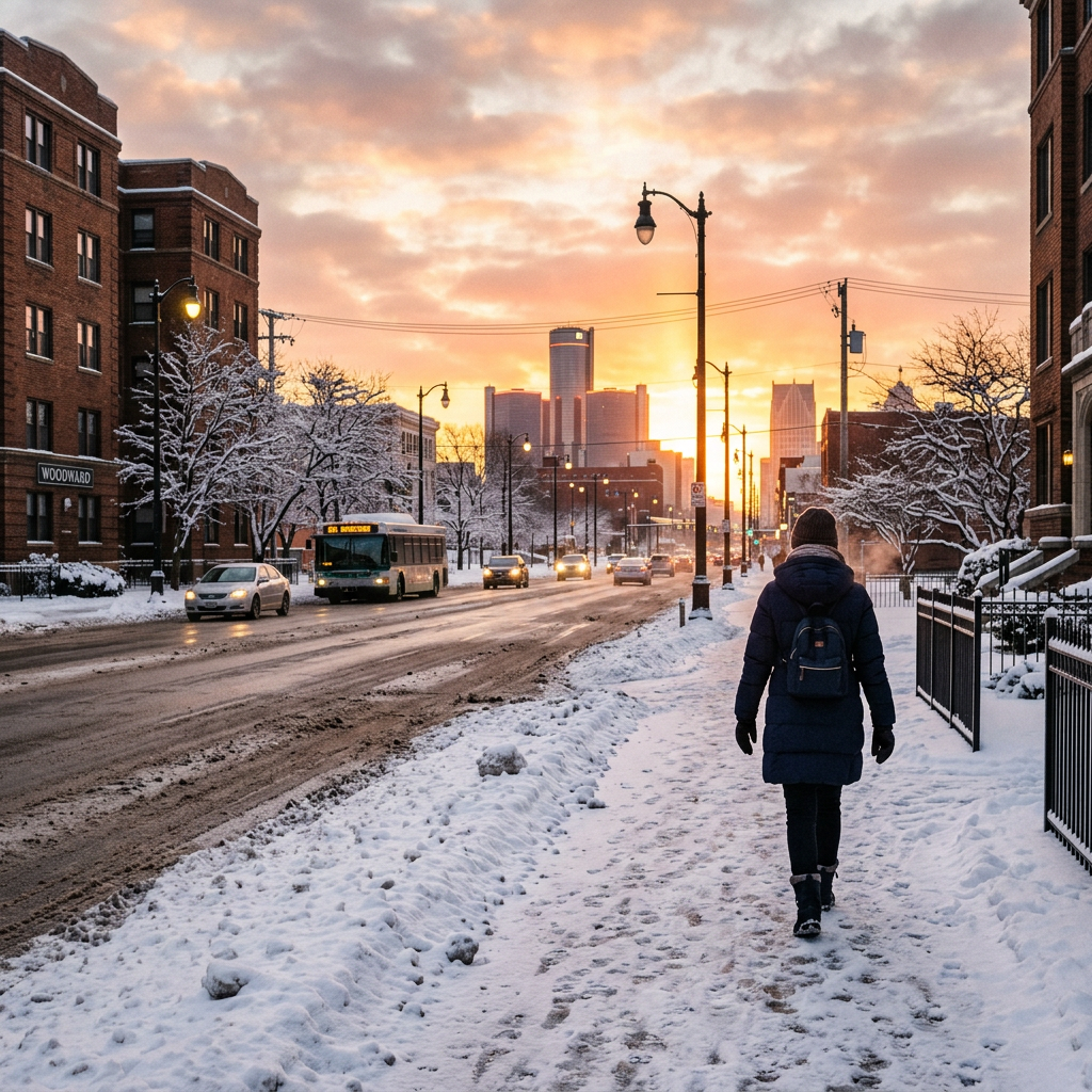 Person walking on snowy sidewalk on city street with cars and bus near downtown skyline at sunrise