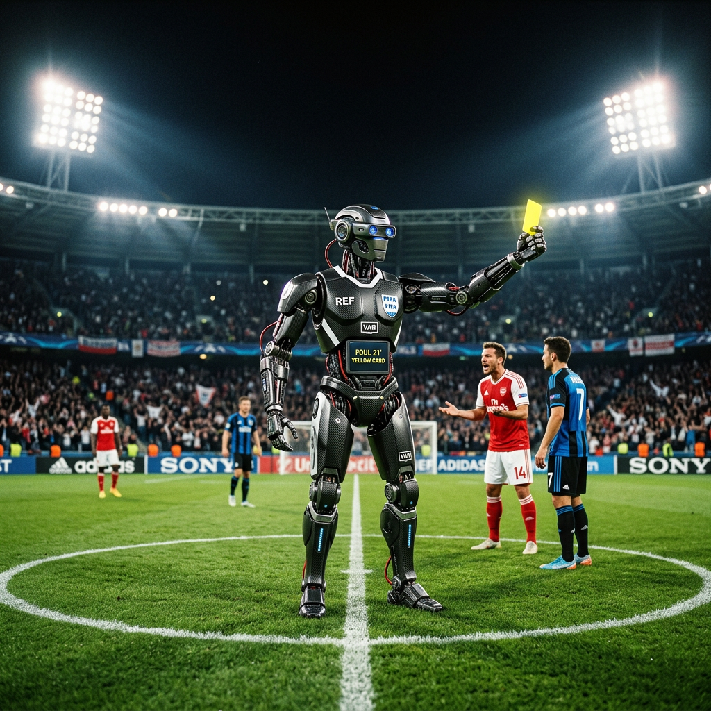 Robot referee holding a yellow card on a soccer field with players reacting
