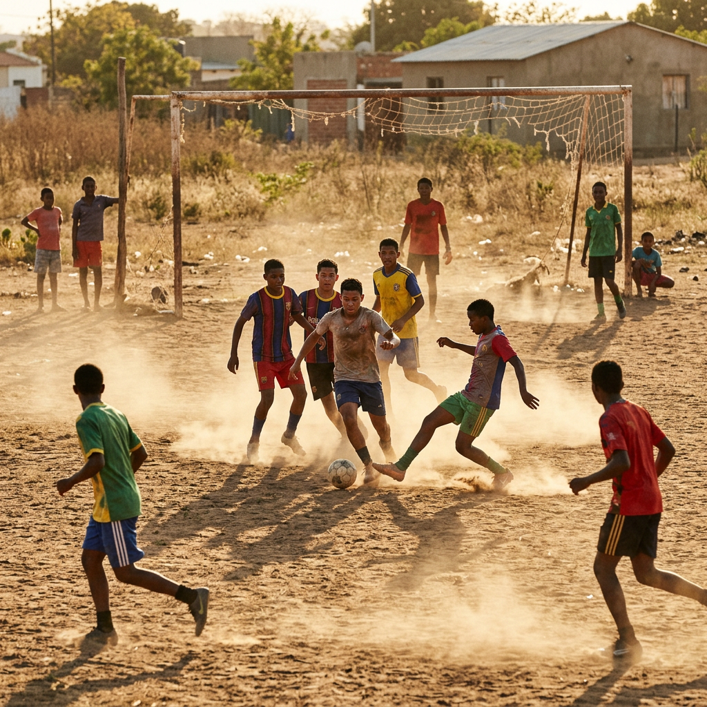 Boys playing soccer on a dusty, makeshift field with a goal net in background