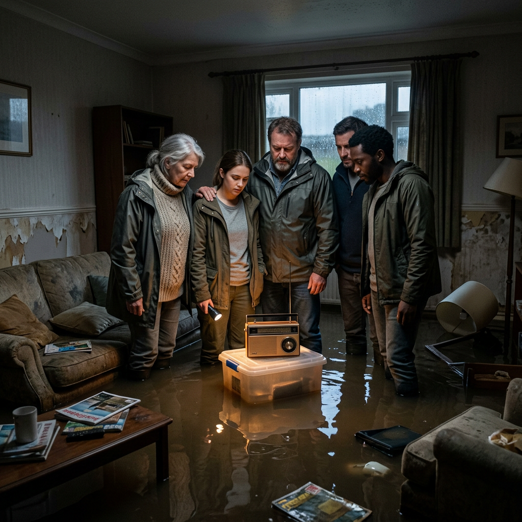Five people gathered around a radio in a flooded living room