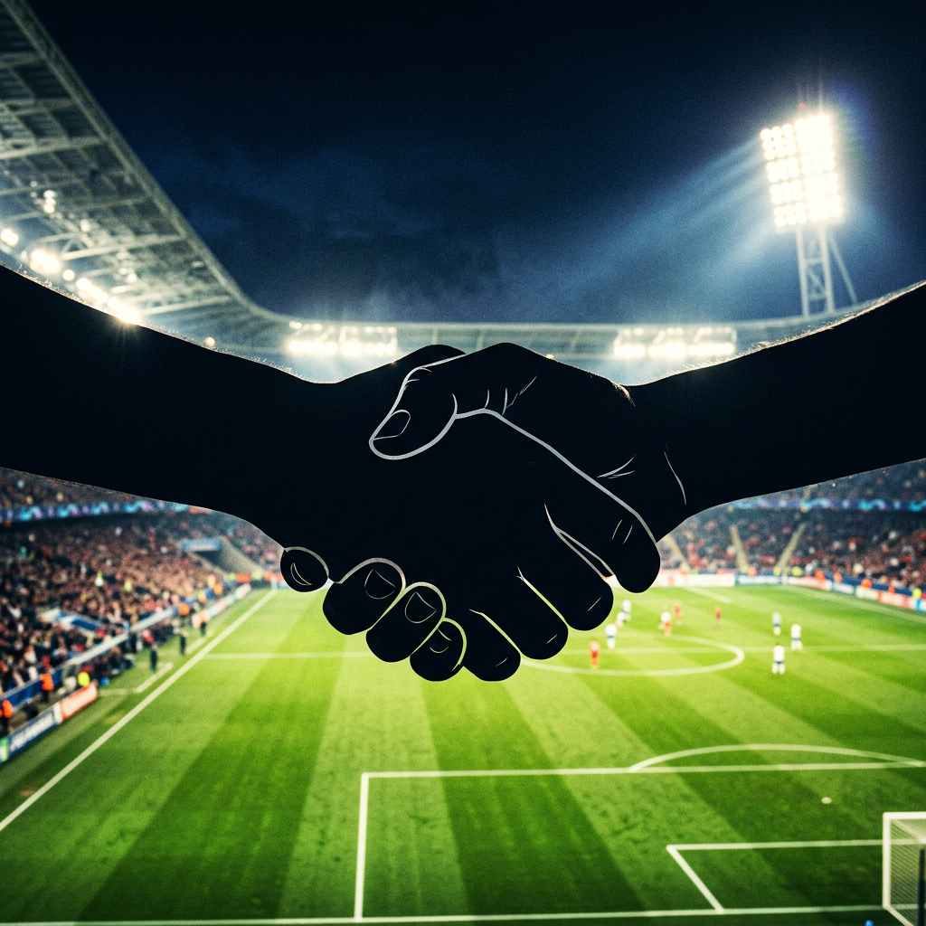 Two silhouetted hands shaking over a brightly lit soccer stadium at night