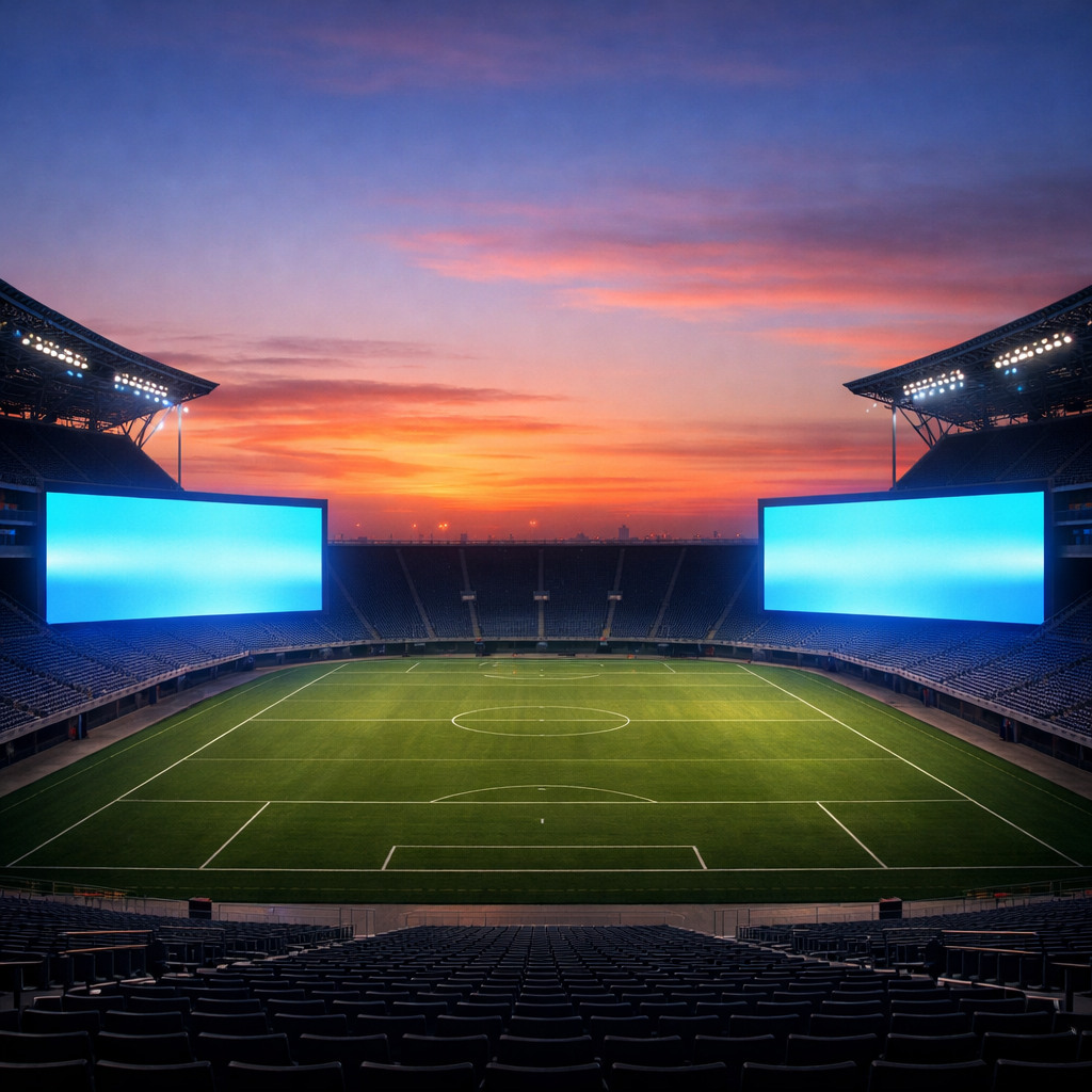 Empty soccer stadium with green field and two large glowing screens at sunset